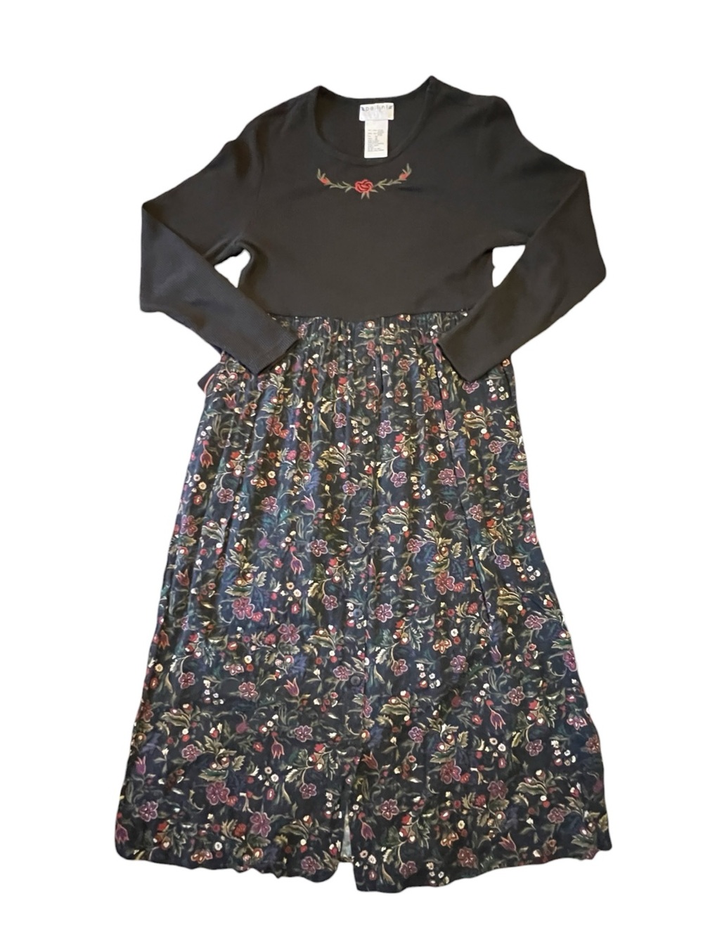 Vintage Black Floral Maxi Dress with Embroidered Thermal Long Sleeve Bodice 10 - Picture 11 of 11